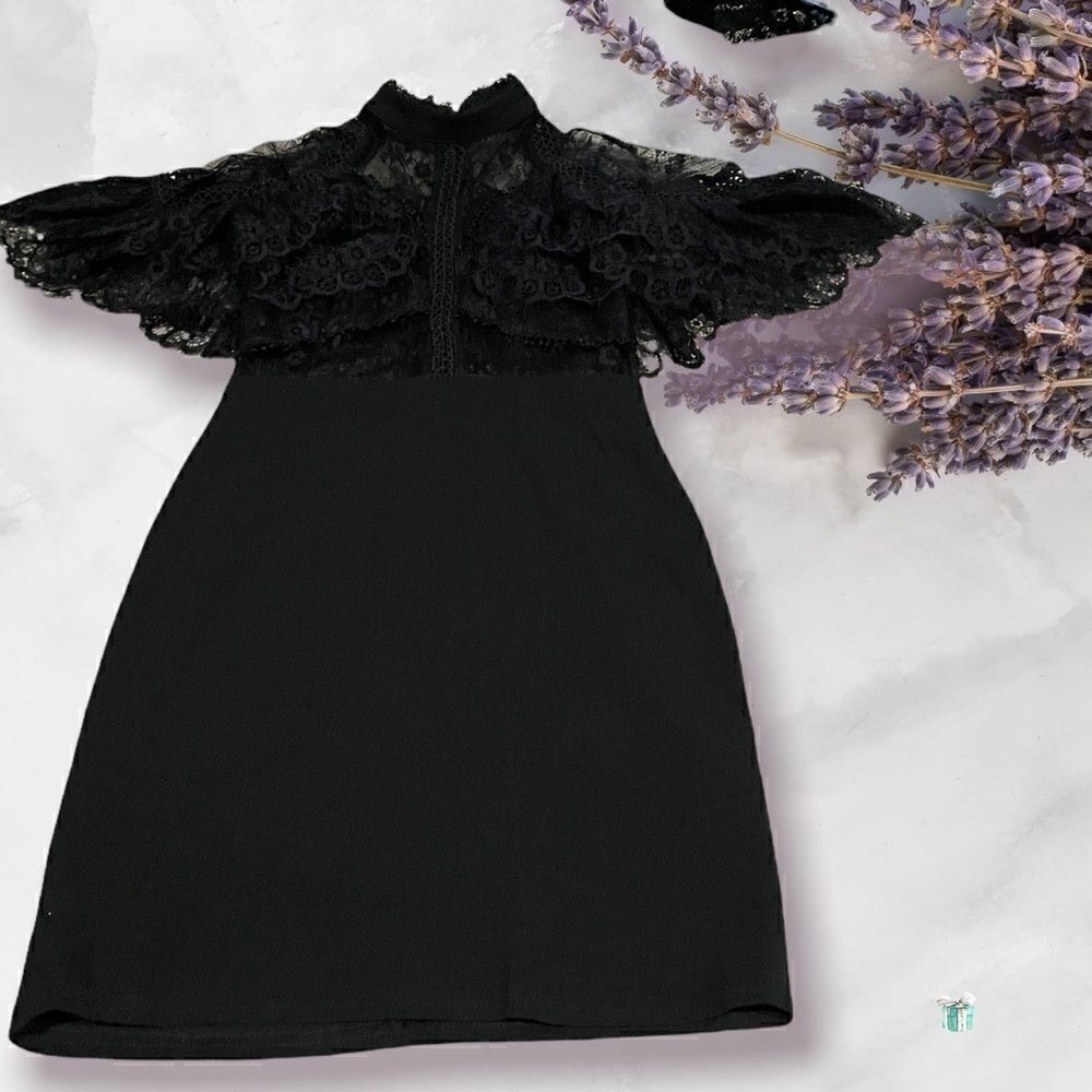 Black Small Fashion Nova Mini Dress with Lace Shoulder Cape - Picture 2 of 4